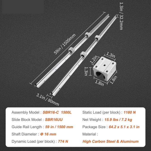 2PCS Linear Guide Rails SBR12 SBR16 SBR20 SBR25 800-2200mm & 4PCS UU Bearing Blocks Smooth Motion For DIY Mills CNC Parts ,Long Lasting