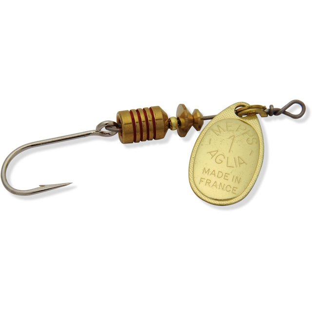 Mepps B1SS-GOLD Aglia In-Line Spinner #1 1/8oz Siwash Hook Gold showing a close-up of the gold oval spinner blade engraved with 'MEPPS 1 AGLIA MADE IN FRANCE,' attached to a gold and red grooved cylindrical body and a sharp silver siwash hook, designed for freshwater and saltwater fishing terminal tackle.