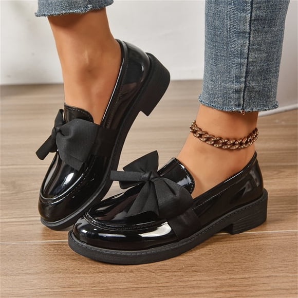 Commforr Bow Flats, Womens Walking Shoes, Bow Loafers for Women, Slip On Shoes Women, Ladies Patent Leather Loafers with Bow, Slip-On Flat Shoes, Casual Comfort Footwear, Black, 5.5
