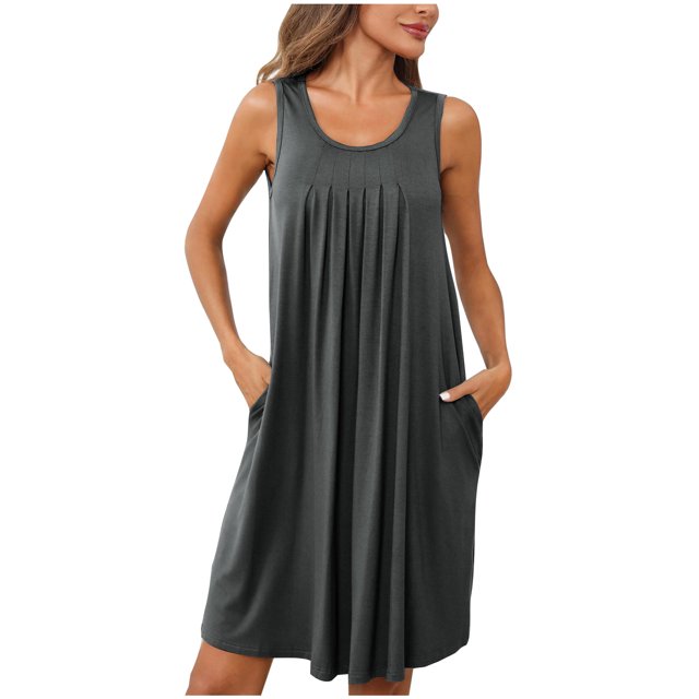 Dvkptbk Robe d'Été de Plage pour Femme 2024 Décontractée à Col Rond à Manches Courtes Robe Débardeur Mini Robes Fluide à Volants Boho Robe Soleil avec Poches P-2TG