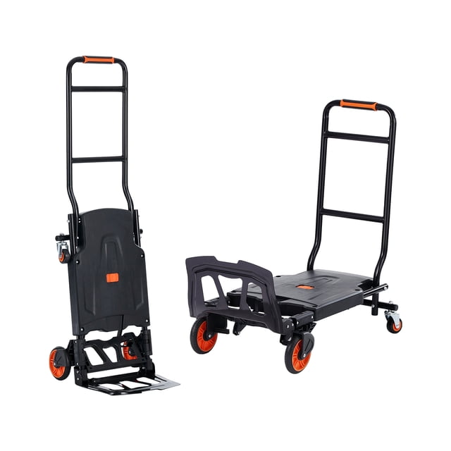 VEVOR Diable en Aluminium, 2 en 1, avec une Capacité de Charge de 300 Lb, Présenté en mode Diable Vertical et en mode Chariot à Plateforme Plate. Fabriqué en Aluminium Renforcé et en Acier au Carbone, Il Présente des Roues en Caoutchouc Solides pour un Mouvement Fluide sur Divers terrains. la Poignée Ergonomique et la Conception Pliable le Rendent Adapté aux Tâches Robustes dans les Entrepôts, les Bureaux Ou les Contextes Extérieurs.