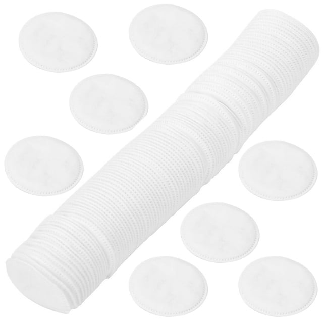 LNGOOR 100 Pcs Disposable Sponges for Facials, featuring round, white cotton pads with overlock edges. Designed for makeup removal, facial cleansing, and gentle exfoliation. Made from soft, high-quality cotton with excellent water absorption. Suitable for eyes, lips, face, and eyelashes. Ideal for daily use or travel.
