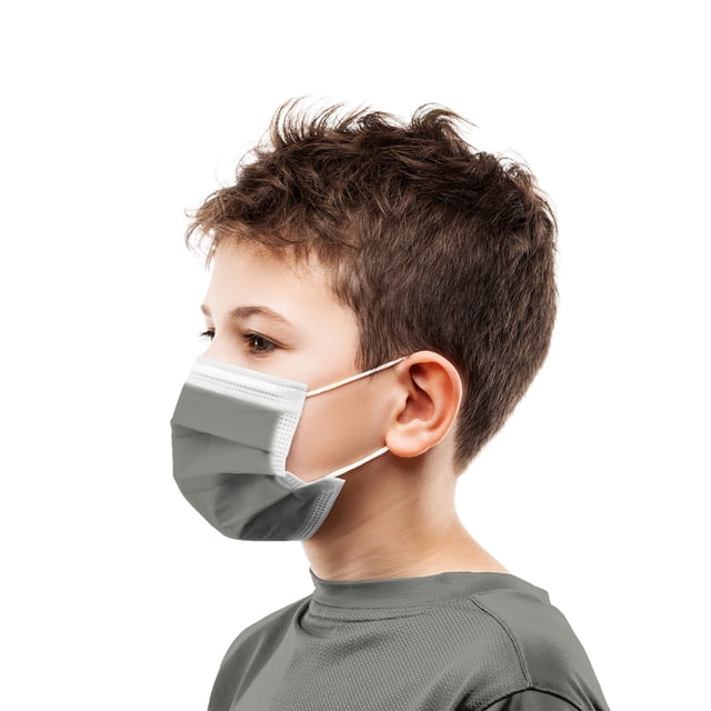 Medical Procedure Face Mask ASTM Level 3 Kids (50 Masks) - Made in Canada. A child wearing a grey CanadaMasq ASTM Level 3 disposable face mask with soft ear loops and a secure nose bridge, offering 98% filtration efficiency and comfort. The 3-layer mask is ideal for healthcare, travel, and everyday protection against airborne particles.