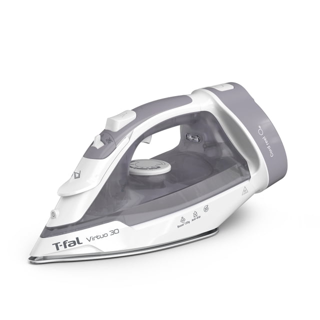 Virtuo 30 steam iron by T-fal in grey and white, shown in a 3/4 profile with translucent water tank, ceramic soleplate, retractable cord reel, and control dial, featuring 1500W power, continuous steam output, steam boost, and auto-off safety for efficient wrinkle removal.