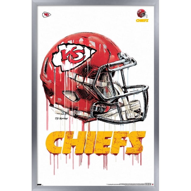 NFL Kansas City Chiefs - Affiche Murale « Drip Helmet 20 », Affiche Encadrée 14,725 Po x 22,375 Po Montrant un Casque de football des Kansas City Chiefs Rouge avec Effet de Peinture Goutte à Goutte et logo d'Équipe sur le Côté, Texte Audacieux « Chiefs » Jaune en Dessous sur Fond Blanc, Légère et Facile à Accrocher, Convient à la Déco de Chambre de fan Ou de Fête.