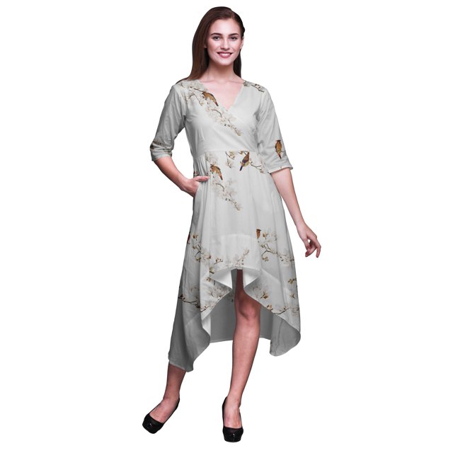 Bimba Robe Mi-Longue Classique en Coton à Manches Courtes Imprimée de Fleurs Blanches et d'Oiseaux Bulbes avec Poches, Coupe Droite Asymétrique - XX-Grand