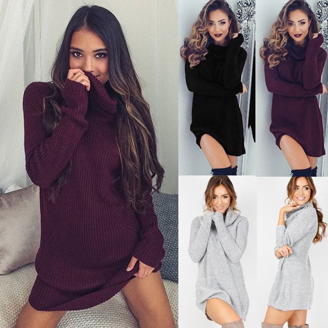Womens Autumn Winter Long Sleeve Knit BodyCon Party Sweater Short Mini Dress New