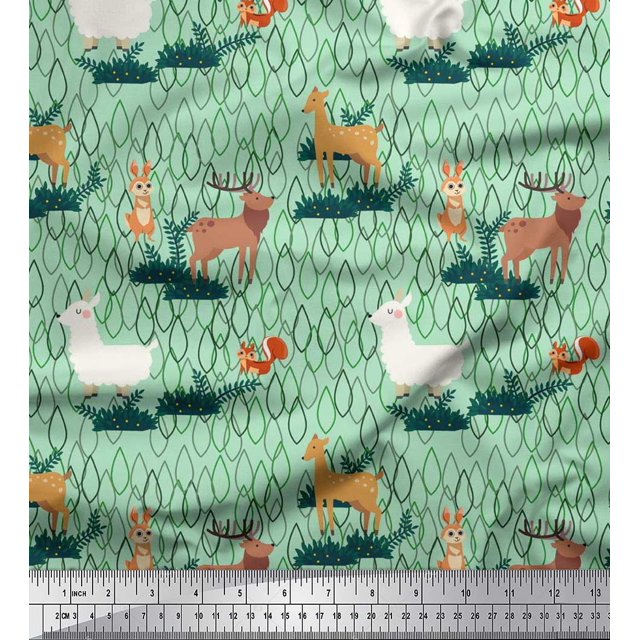 Soimoi Cotton Voile Fabric Rabbit,Sheep & Deer Kids Print Fabric by Yard 56 Inch Wide