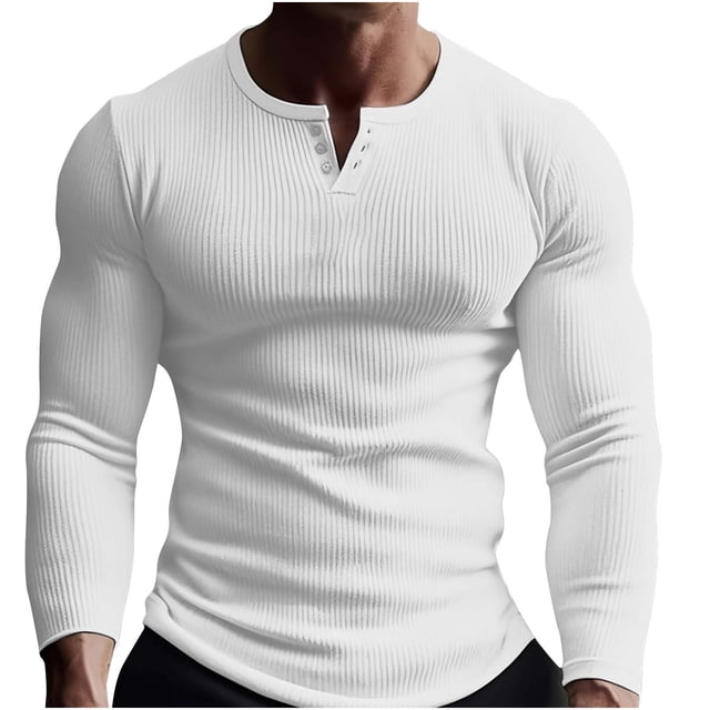 Yuyuzo Mens Long Sleeve Shirts Slim Fitted Ribbed Solid Color Button V-Neck Fall Casual Plain Tops