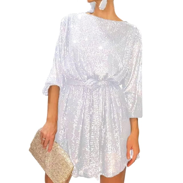 Gupgi Robe à Paillettes pour Femmes à Manches Longues, Col Ras du Cou, Mini-Robe Scintillante et Brillante, Robe Élégante pour Cocktail et Fête