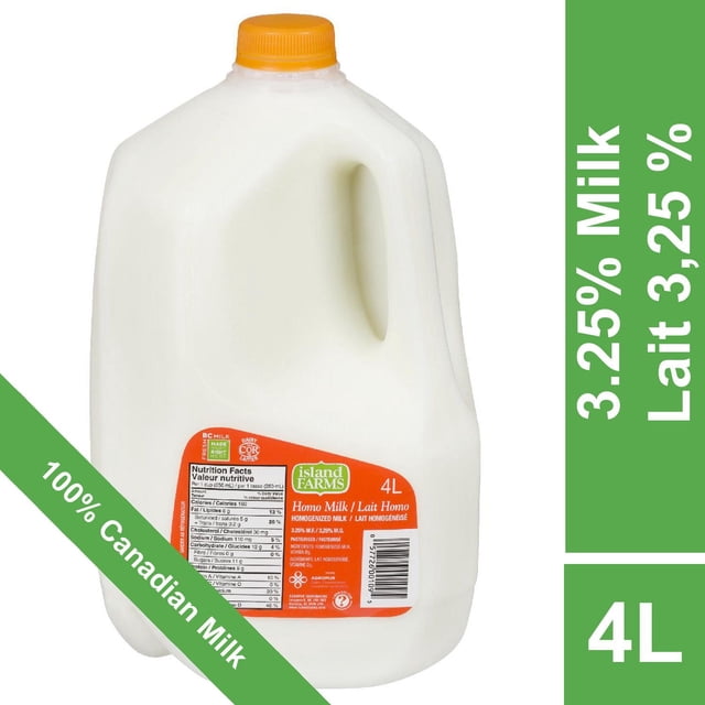 Island Farms Homogenized 3.25% Milk in a 4L white plastic jug with orange cap and label, displaying nutrition facts and Canadian milk certification, a natural source of vitamin D and calcium, suitable for drinking, cooking, and coffee.