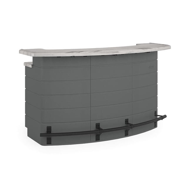 Suncast Bar de Réception Backyard Oasis en Gris Froid avec un design Moderne Courbé, Doté d'Un Comptoir en faux Marbre MarblecastTM, de Panneaux en Résine Durables à Multiples Murs, d'Un Repose-Pieds en Métal Noir et d'Une construction Résistante aux Intempéries, Idéal pour le Rangement de Bar Extérieur.