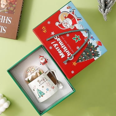 Christmas Mug Ceramic Cup with Lid and Spoon Santa Claus Coffee Tea Milk Cup for Home Kitchen Office Festive Drinkware Gift Box Set for Women Men Coworkers