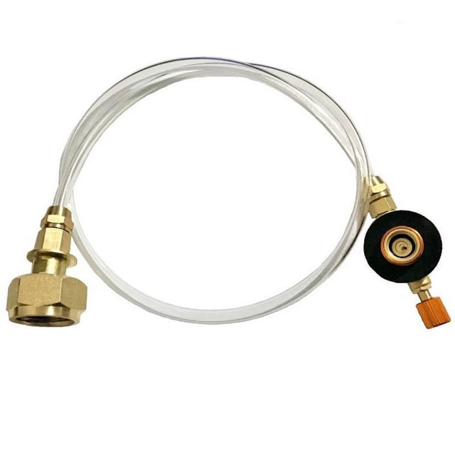 Accessoires de Cylindre de Propane, Adaptateur de Contenant de Réservoir à Cylindre Plat pour Cuisinières à Gaz d'Extérieur et Cuisinières de camping. l'Image Montre un Tuyau transparent avec des Connecteurs en Laiton aux Deux Extrémités, un avec une valve orange pour un Contrôle Précis. Conçu pour Connecter des Cylindres de Gaz Liquéfié aux Réservoirs de Propane, Convient à la Cuisson et au Gril en Plein Air.