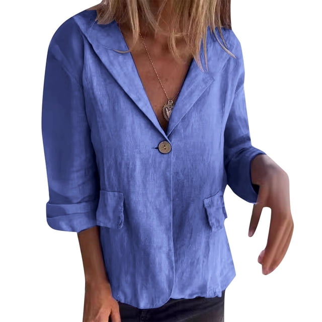 MIASHUI Loose Fit Solid Color Button-Up Notched Collar Linen Blend Blazer Cardigan for Women Bohemian Style Lightweight Jacket Blue,XXXXXL