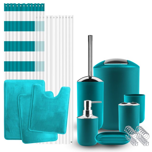 Clara Clark Bathroom Accessory Set, Teal Blue Bathroom Décor with Toothbrush Holder Set, Bathroom Curtains Shower Set, Bath Rug Set Included