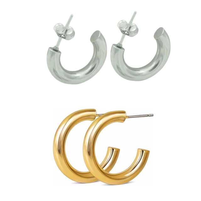 Women Earrings Decorations Simple Style Simple Stainless Steel Ladies Piercing Ear Hoops Girl Ears Studs Fashion Decor Accessory Golden. The image features two pairs of stainless steel ear studs, one in golden and one in silver color, with a smooth polished finish and simple hoop design. Ideal women's earrings for casual and formal wear, adding a stylish touch to outfits.