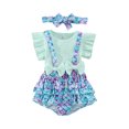 thumbnail image 1 of SUNSIOM Toddler Girl Summer Outfits Solid Color Rib Fly Sleeve T-Shirts Fish Scale Print Suspender Shorts Headband 3Pcs Clothes Set, 1 of 6