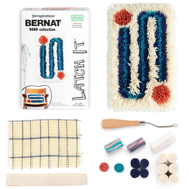 Bernat® Latch itTM Boho Collection Trousse de Fil Acrylique avec un Tapis à crochet à Loquet de 12 par 20 Pouces Présentant un Motif Abstrait Bleu et Crème avec des Cercles de Couleur Rouille, Exposé avec des Lots de Fil, un Outil à crochet à Loquet à Manche en Bois, une Grille de Toile et une Bande de Tissu, Convient aux Projets de Tricot et de crochet pour Débutants.
