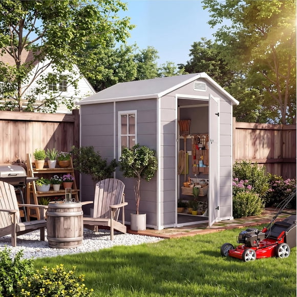 Plastic Outdoor Storage Shed with Floor and Window Resin Garden Shed 4x6 Ft Lockable Door Vents Sloped Roof for Patio Lawn Mower Bike and Tool Storage Light Gray