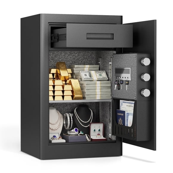 Omethey Coffre-Fort Numérique 6,0 Pi3 avec Tiroir Coulissant, Coffre-Fort Domestique avec Tablette Ajustable et Amovible, Coffre à Argent avec Pavé Tactile et Double Alarme, Très Grand Coffre-Fort pour Bijoux, Billets, Pistolets et Documents