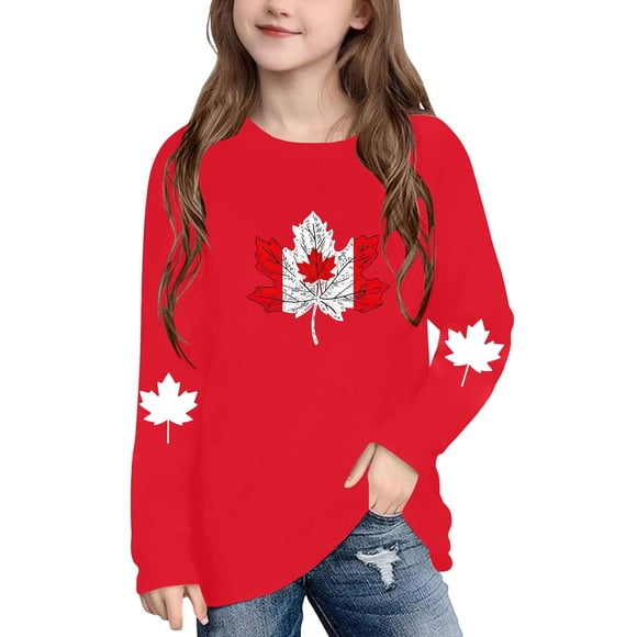 Amzcrzy T-Shirts Garçons et Filles Mode Vacances T-Shirts Graphiques Feuille d'Érable pour Tout-Petit Décontracté Confortable Manches Longues Col Rond T-Shirts en Coton pour Ado 5 Ans