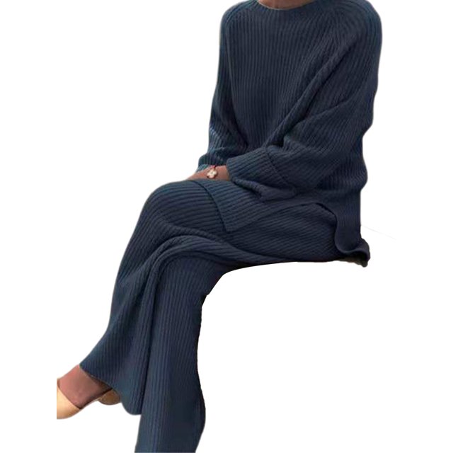 Innerwin Two Piece Outfits Wide Leg Ladies Lounge Set Holiday Long Sleeve Loose Sweater Sets Blue L