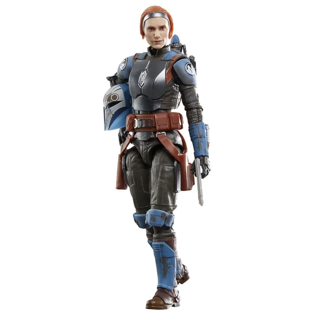 Star Wars The Black Series Archive Bo-Katan Kryze Action Figure (6”) showing a front-facing 6-inch figure in detailed blue and black Mandalorian armor with brown utility belt, holding a removable helmet and blaster, featuring 29 points of articulation and photorealistic design, ideal for collectors and display.