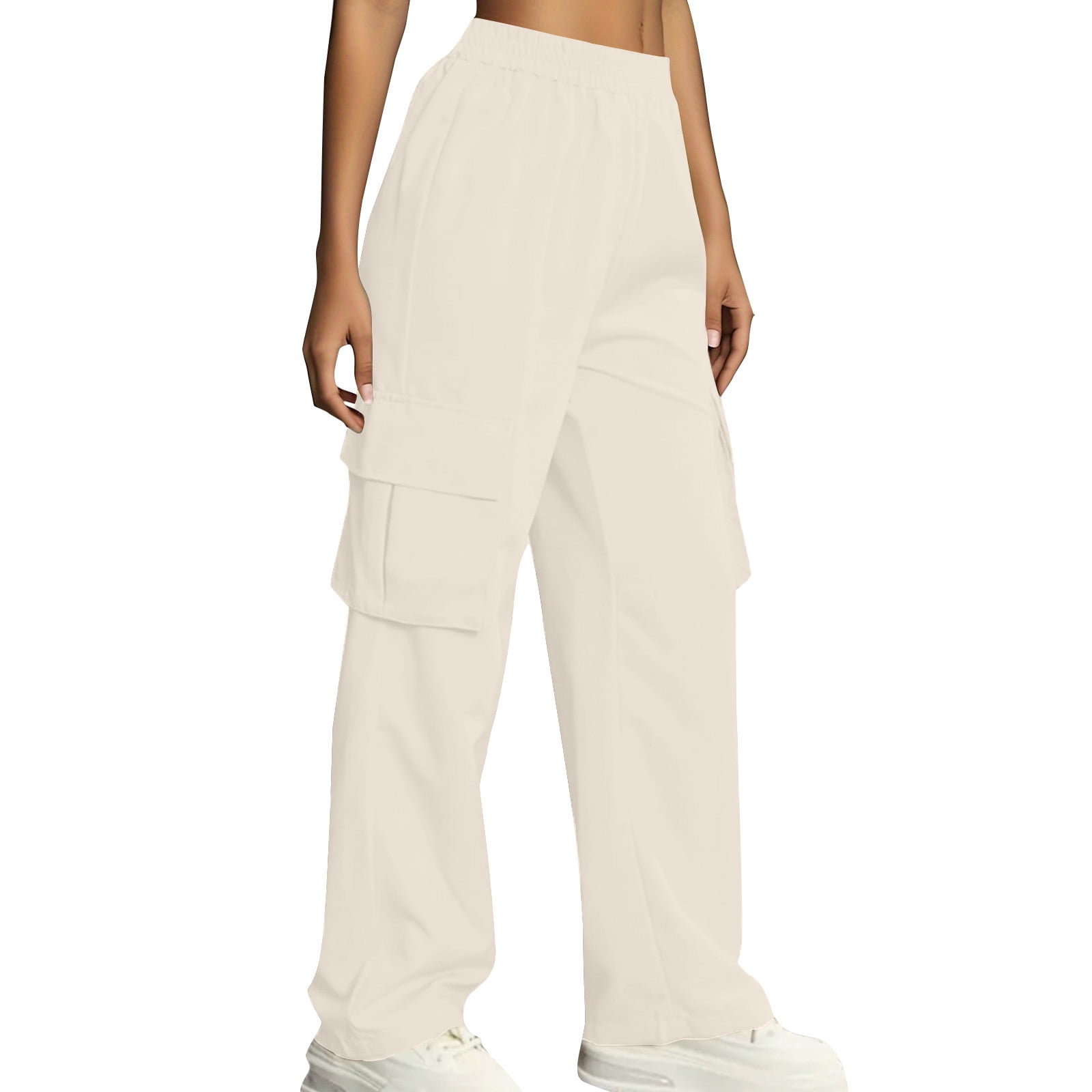 Timegard Cargo Pants for Women Elastic High Waist Solid Color Straight Leg Outdoor Pants with Pockets