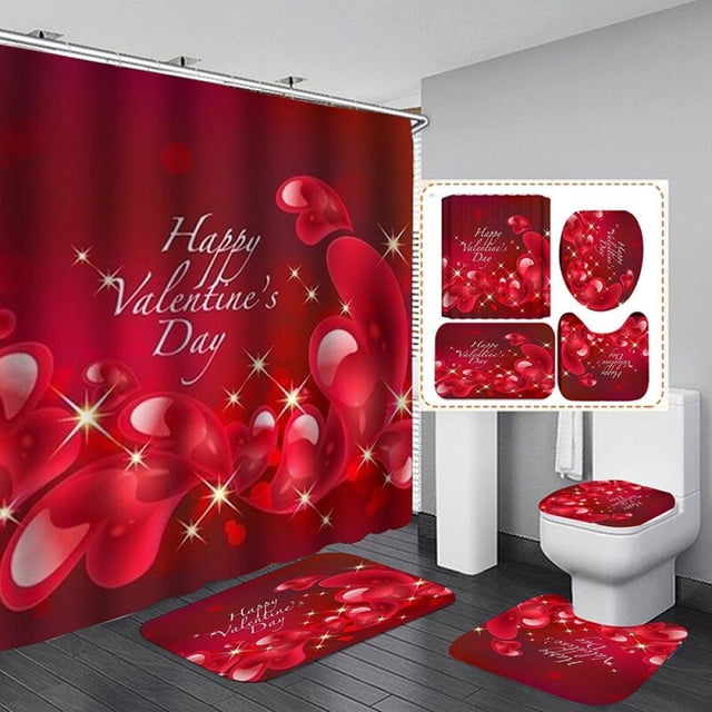 Saint Valentin 3D Impression Numérique Rideau de Douche 4 Pièces Ensemble pour la Maison / Hôtel / Fête Décoration