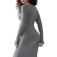 thumbnail image 3 of Women Long Bodycon Dress Solid Color Knitted Ribbed Square Neck Long Sleeve Dress Spring Fall Party Club Skinny Dress, 3 of 4