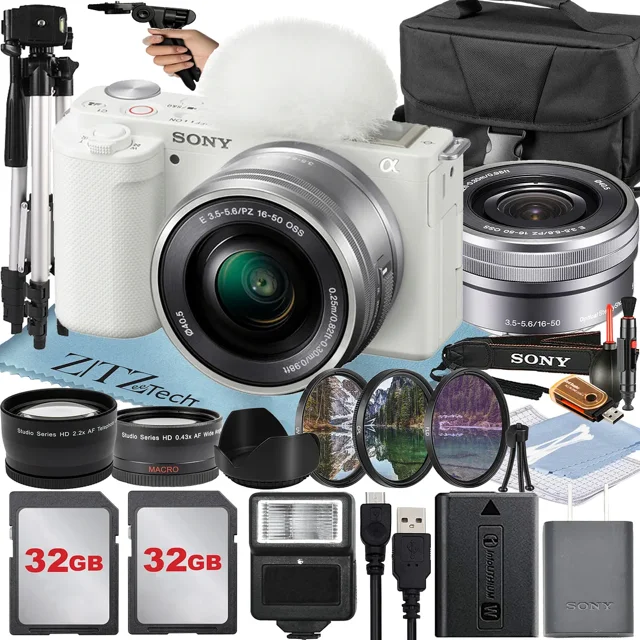 Sony Alpha ZV-E10 Mirrorless Vlog Camera With 16-50mm Lens + 2 Pack 32GB Memory Card + Flash + Tripod + Case + ZeeTech Accessory Bundle (White)