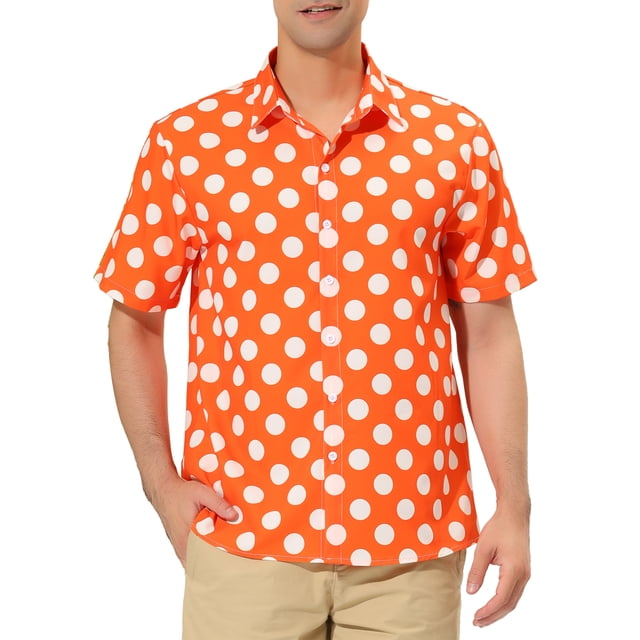INSPIRE CHIC Men's Summer Polka Dots Shirt in orange with white polka dot pattern. This button-down shirt features short sleeves, a regular fit, and lightweight, breathable fabric. Suitable for casual outings, vacations, and leisure activities like beach trips or camping.