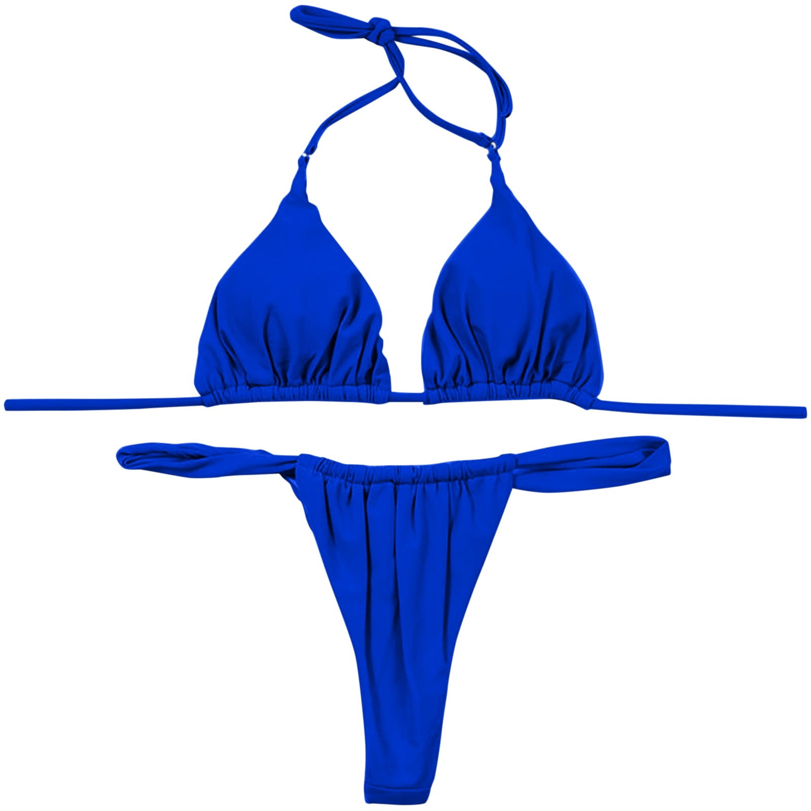 B91xZ Bikini à Ficelles pour Femmes, Ensemble Rétro à Tour de Cou, Froncé, Taille Haute, avec Bas, Bleu TG