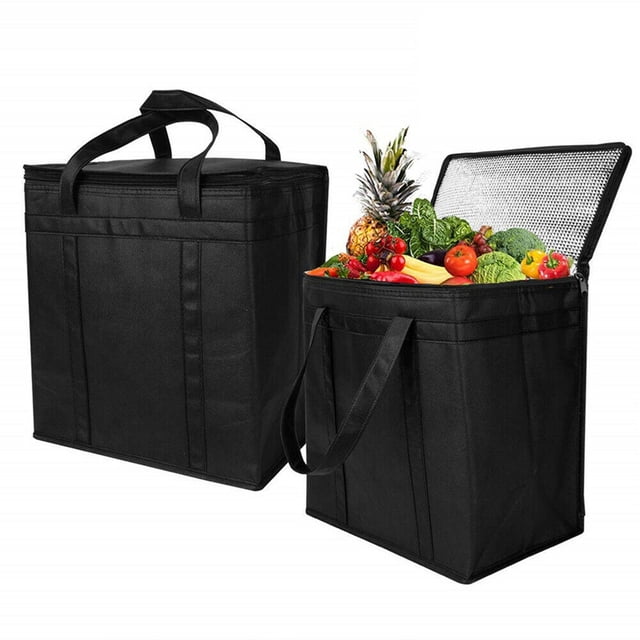 Lot de 4 Sacs d'Épicerie Réutilisables Isolés, Sac de Livraison de Nourriture avec Double Fermeture Éclair, en Tissu Non Tissé Noir avec Isolation Thermique. Chaque Sac Mesure 33 x 20,5 x 35,5 cm, avec Longues Bretelles et Poignées Renforcées pour la Durabilité. Fermeture à Glissière Assure un Rangement Sécuritaire. Idéal pour les Courses, l'Organisation de la Cuisine, l'Entreposage des Aliments, les Pique-Niques et la Livraison de Nourriture.