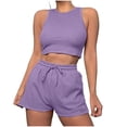 thumbnail image 1 of ShomPort Womens 2PC Matching Set Sleeveless Round Collar Crop Tops High Elastic Waisted Drawstring Shorts Comfort Athletic Outfits, 1 of 6