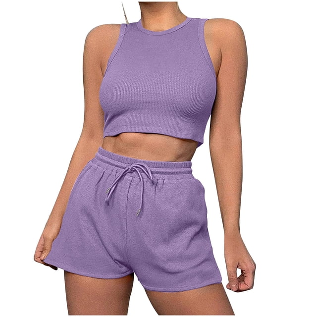 ShomPort Womens 2PC Matching Set Sleeveless Round Collar Crop Tops High Elastic Waisted Drawstring Shorts Comfort Athletic Outfits