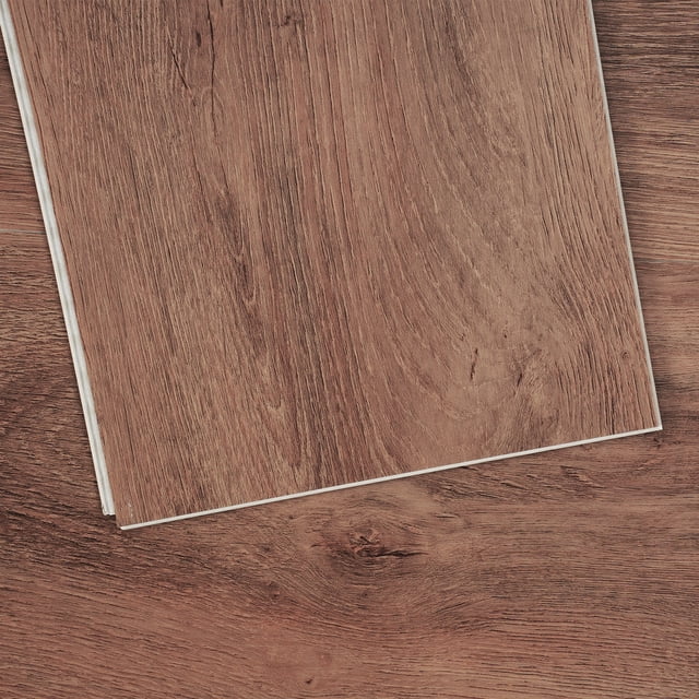 VEVOR Interlocking Vinyl Floor Tiles, 10 pieces, 5.5mm thick, deep brown wood grain pattern. These luxury vinyl tiles feature authentic wood-like textures and a smooth finish, perfect for home and office flooring. Durable and waterproof, they are easy to clean and install with a patented click-lock system. Suitable for various spaces, including kitchens, bathrooms, and living rooms.