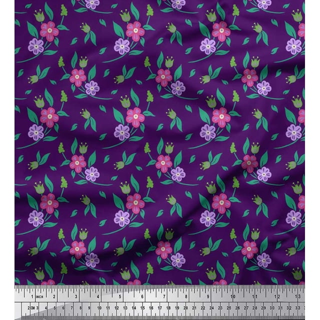 Soimoi Modal Satin Fabric Leaves & Periwinkle Floral Print Fabric by Yard 42 Inch Wide