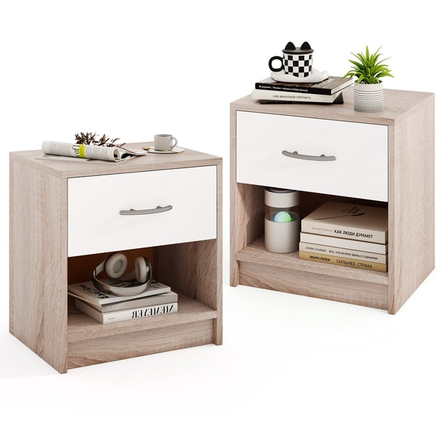 Gymax 2 PCS Nightstand w/ Drawer Side Table w/ Slide-out Drawer Open Storage Shelf Natural & White