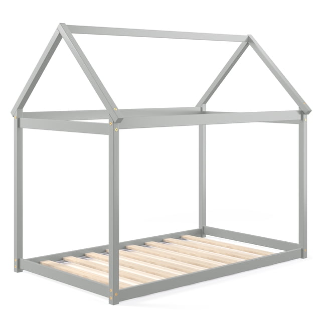 Patiojoy Lit Cabane Simple Cadre de Lit Plateforme en Bois Base de Matelas avec Apparence de Maison Gris