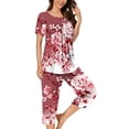thumbnail image 3 of Pyjama en Coton pour Femmes Ensemble en Liquidation Ensemble de Pyjama à Manches Courtes pour Femmes 2 Pcs Ensemble de Nuit d'Été Imprimé Floral Boutons Col Ras du Cou Pantacourt Ensembles de Pjs Grande Taille Pyjamas pour Femmes Ensemble Nouveau Rouge-A 3TG, 3 of 5