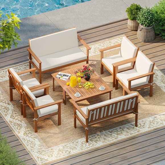 Costway 8 PCS Acacia Wood Conversation Set with Seat & Back Cushions Loveseat Armchairs