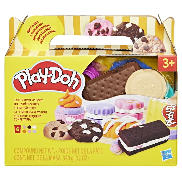 Play-Doh Little Bakery Playset in a yellow carry box featuring 6 cans of modeling compound in purple, pink, orange, brown, tan, and white, with bakery-themed tools including cookie cutters and cake stampers for creative pretend play, suitable for kids aged 3 and up and ideal for travel sensory activities.