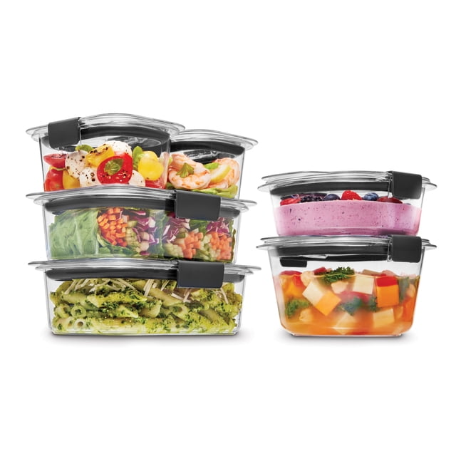 Rubbermaid Brilliance Round and Rectangular Food Storage Containers, 6 Pack, stacked with clear airtight lids and black dual-latch locks, containing fresh salads, shrimp, pesto pasta, vegetable soup, and berry yogurt, made from stain-resistant, shatter-resistant plastic with Smart Lid System for organized meal prep and food storage.