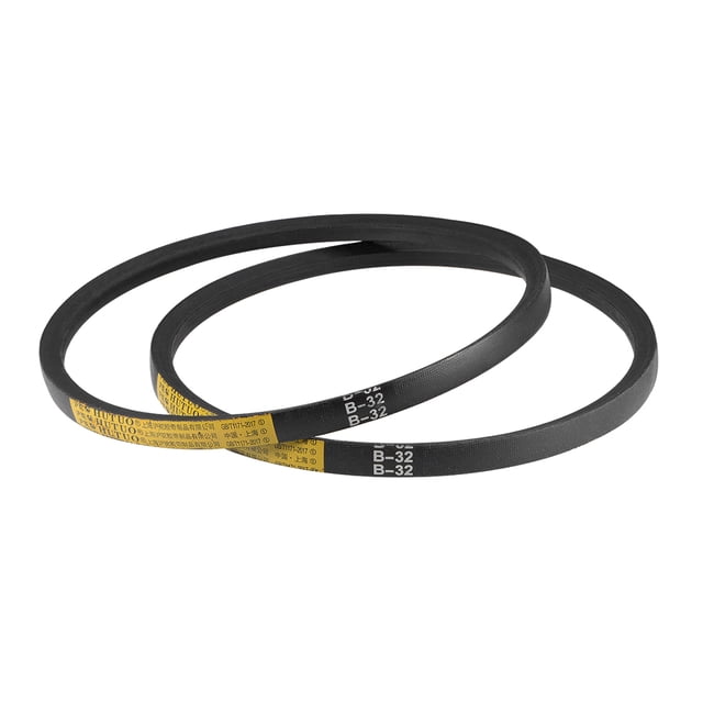 Unique Bargains B32 V-Belts with a 32-inch pitch length, shown in a set of two. These B-section rubber drive belts are made of durable neoprene rubber, offering resistance to oil, heat, and wear. Each belt features a trapezoidal cross-section for secure traction and alignment in pulley systems. Suitable for automotive, agricultural, and industrial applications, these belts measure 17mm in top width, 11mm in thickness, and have an outer circumference of 835mm (32.87 inches).