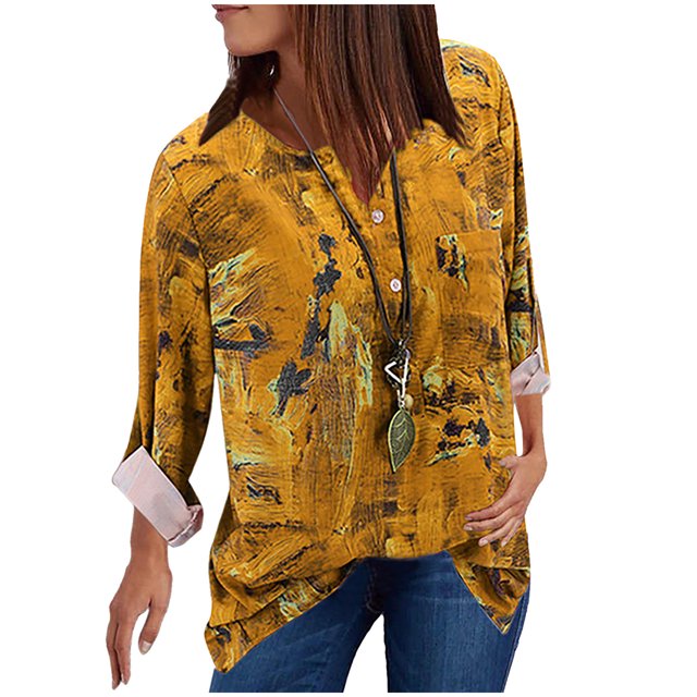 Mode Femmes Décontracté Vintage Imprimé Col en V Manches Longues Chemise Blouse Hauts