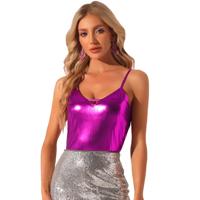INSPIRE CHIC Women's Spaghetti Straps Party Metallic Cami Top