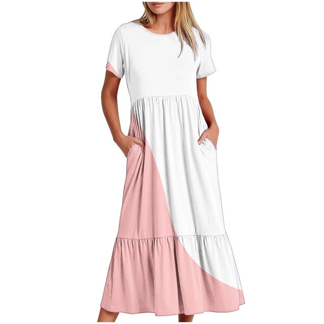 Besolor Robe d'Été Décontractée pour Femme à Blocs de Couleur, Manches Courtes, Col Ras du Cou, Plissée, Fluide, à Étages, Maxi avec Poches