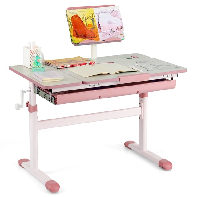Costway Height-Adjustable Kids Desk in pink, featuring a tilt desktop with 7 adjustable angles, a rotatable book stand, and a spacious tabletop. The desk includes a smooth storage drawer and a hand crank for height adjustment, accommodating heights from 20 to 28.8 inches. Designed with round corners, burr-free edges, and a sturdy metal frame with anti-slip foot pads for safety and stability. Ideal for studying, reading, or drawing.